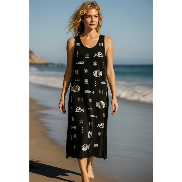 M MAC Vintage Art Animal Fish Maxi Dress Medium Vermont Coastal Nautical Cotton - Picture 3 of 9